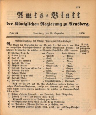 Amtsblatt für den Regierungsbezirk Arnsberg Samstag 28. September 1850