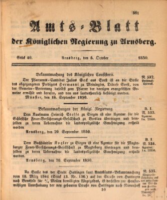 Amtsblatt für den Regierungsbezirk Arnsberg Samstag 5. Oktober 1850