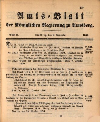 Amtsblatt für den Regierungsbezirk Arnsberg Samstag 9. November 1850