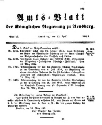 Amtsblatt für den Regierungsbezirk Arnsberg Samstag 12. April 1851