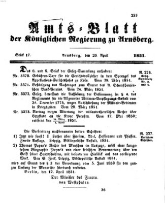 Amtsblatt für den Regierungsbezirk Arnsberg Samstag 26. April 1851