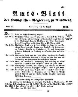 Amtsblatt für den Regierungsbezirk Arnsberg Samstag 9. August 1851