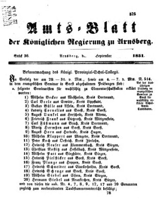 Amtsblatt für den Regierungsbezirk Arnsberg Samstag 6. September 1851