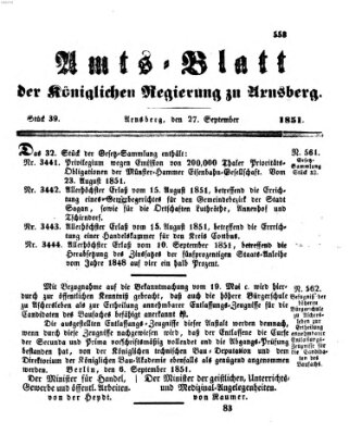 Amtsblatt für den Regierungsbezirk Arnsberg Samstag 27. September 1851