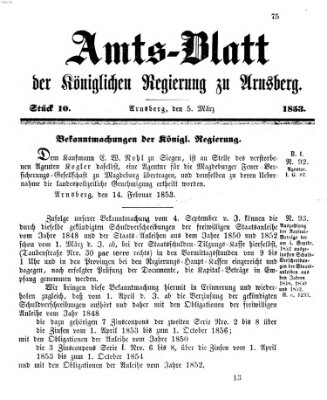 Amtsblatt für den Regierungsbezirk Arnsberg Samstag 5. März 1853