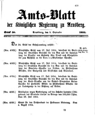 Amtsblatt für den Regierungsbezirk Arnsberg Samstag 9. September 1854