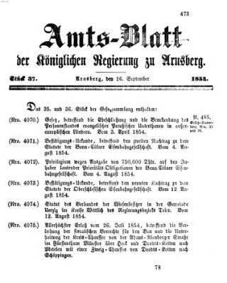 Amtsblatt für den Regierungsbezirk Arnsberg Samstag 16. September 1854