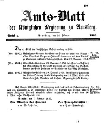 Amtsblatt für den Regierungsbezirk Arnsberg Samstag 14. Februar 1857