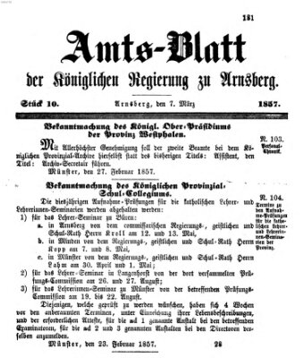 Amtsblatt für den Regierungsbezirk Arnsberg Samstag 7. März 1857