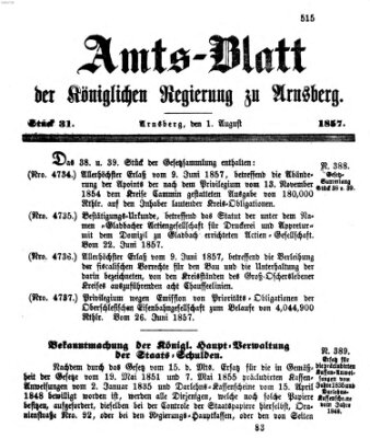 Amtsblatt für den Regierungsbezirk Arnsberg Samstag 1. August 1857