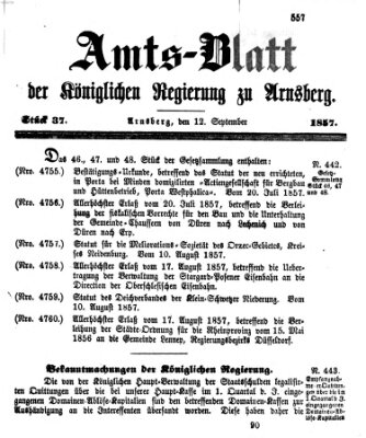 Amtsblatt für den Regierungsbezirk Arnsberg Samstag 12. September 1857