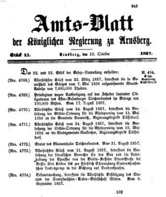 Amtsblatt für den Regierungsbezirk Arnsberg Samstag 10. Oktober 1857