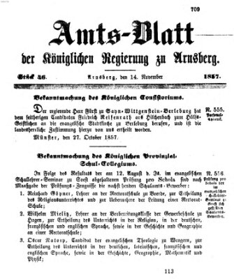 Amtsblatt für den Regierungsbezirk Arnsberg Samstag 14. November 1857