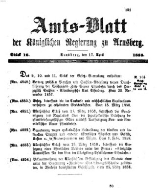 Amtsblatt für den Regierungsbezirk Arnsberg Samstag 17. April 1858