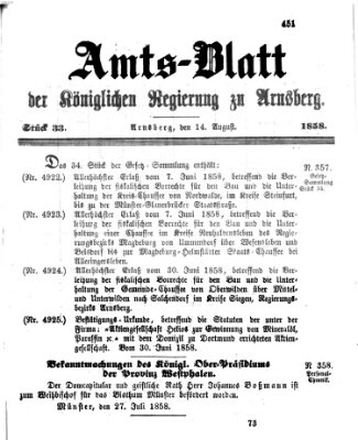 Amtsblatt für den Regierungsbezirk Arnsberg Samstag 14. August 1858