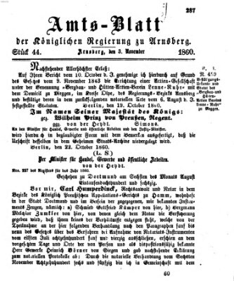 Amtsblatt für den Regierungsbezirk Arnsberg Samstag 3. November 1860