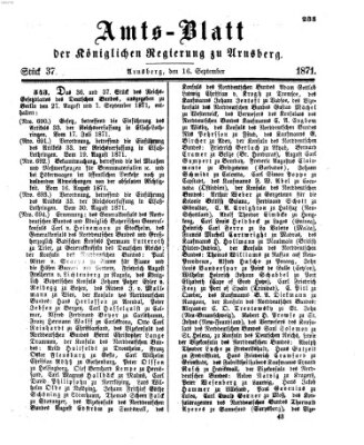 Amtsblatt für den Regierungsbezirk Arnsberg Samstag 16. September 1871