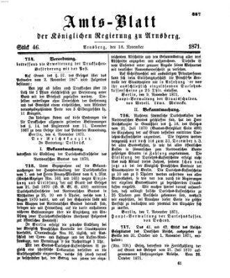 Amtsblatt für den Regierungsbezirk Arnsberg Samstag 18. November 1871