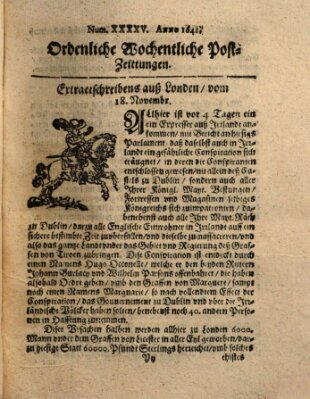 Ordentliche wochentliche Post-Zeitungen Montag 18. November 1641