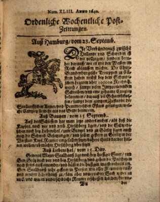 Ordentliche wochentliche Post-Zeitungen Sonntag 23. September 1640