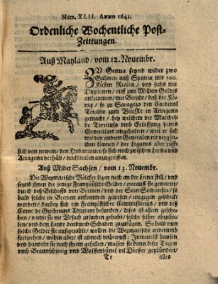 Ordentliche wochentliche Post-Zeitungen Mittwoch 12. November 1642