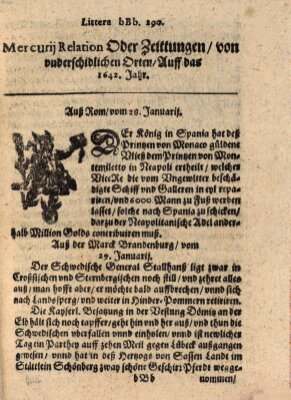 Mercurij Relation oder Zeittungen, von underschidlichen Orten (Süddeutsche Presse) Dienstag 28. Januar 1642