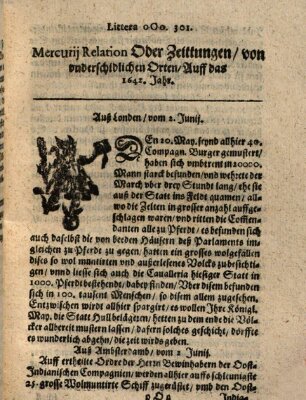 Mercurij Relation oder Zeittungen, von underschidlichen Orten (Süddeutsche Presse) Montag 2. Juni 1642