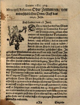 Mercurij Relation oder Zeittungen, von underschidlichen Orten (Süddeutsche Presse) Samstag 28. Juni 1642