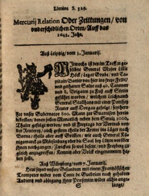 Mercurij Relation oder Zeittungen, von underschidlichen Orten (Süddeutsche Presse) Samstag 3. Januar 1643