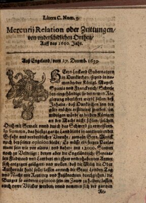 Mercurij Relation oder Zeittungen, von underschidlichen Orten (Süddeutsche Presse) Samstag 27. Dezember 1659