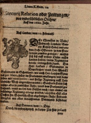 Mercurij Relation oder Zeittungen, von underschidlichen Orten (Süddeutsche Presse) Dienstag 10. Februar 1660