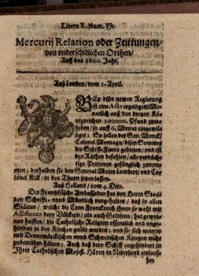 Mercurij Relation oder Zeittungen, von underschidlichen Orten (Süddeutsche Presse) Donnerstag 1. April 1660