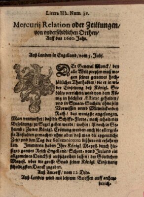 Mercurij Relation oder Zeittungen, von underschidlichen Orten (Süddeutsche Presse) Montag 5. Juli 1660