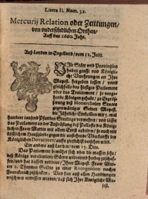 Mercurij Relation oder Zeittungen, von underschidlichen Orten (Süddeutsche Presse) Montag 12. Juli 1660