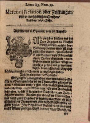 Mercurij Relation oder Zeittungen, von underschidlichen Orten (Süddeutsche Presse) Freitag 20. August 1660