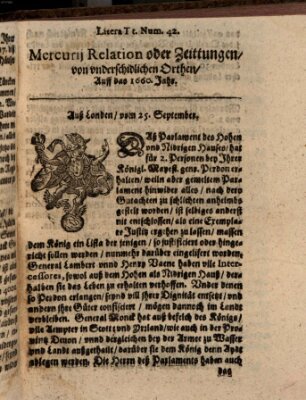 Mercurij Relation oder Zeittungen, von underschidlichen Orten (Süddeutsche Presse) Samstag 25. September 1660