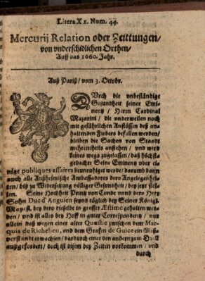 Mercurij Relation oder Zeittungen, von underschidlichen Orten (Süddeutsche Presse) Sonntag 3. Oktober 1660