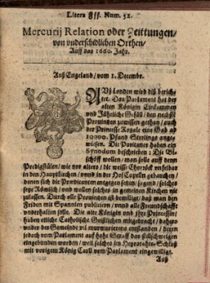 Mercurij Relation oder Zeittungen, von underschidlichen Orten (Süddeutsche Presse) Mittwoch 1. Dezember 1660