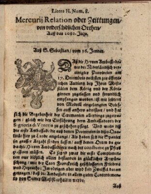 Mercurij Relation oder Zeittungen, von underschidlichen Orten (Süddeutsche Presse) Sonntag 16. Januar 1661