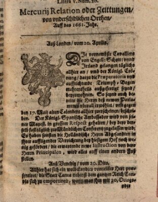 Mercurij Relation oder Zeittungen, von underschidlichen Orten (Süddeutsche Presse) Mittwoch 20. April 1661