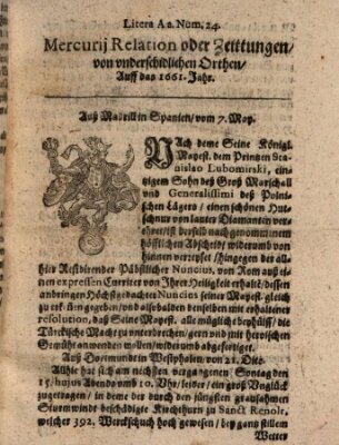 Mercurij Relation oder Zeittungen, von underschidlichen Orten (Süddeutsche Presse) Samstag 7. Mai 1661