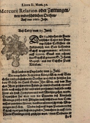 Mercurij Relation oder Zeittungen, von underschidlichen Orten (Süddeutsche Presse) Samstag 25. Juni 1661