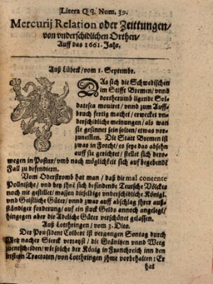 Mercurij Relation oder Zeittungen, von underschidlichen Orten (Süddeutsche Presse) Donnerstag 1. September 1661