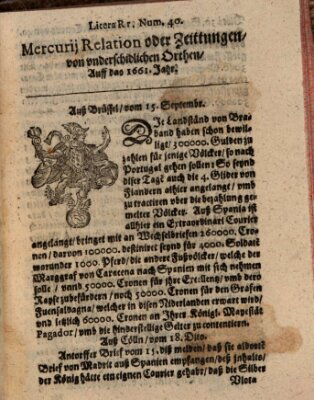 Mercurij Relation oder Zeittungen, von underschidlichen Orten (Süddeutsche Presse) Donnerstag 15. September 1661