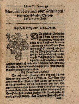 Mercurij Relation oder Zeittungen, von underschidlichen Orten (Süddeutsche Presse) Samstag 1. Oktober 1661