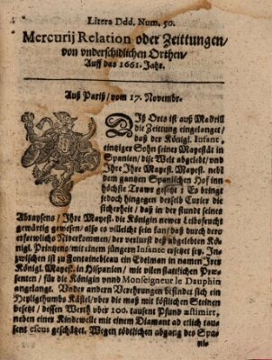 Mercurij Relation oder Zeittungen, von underschidlichen Orten (Süddeutsche Presse) Donnerstag 17. November 1661