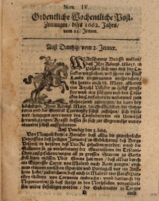 Ordentliche wochentliche Post-Zeitungen Samstag 21. Januar 1662