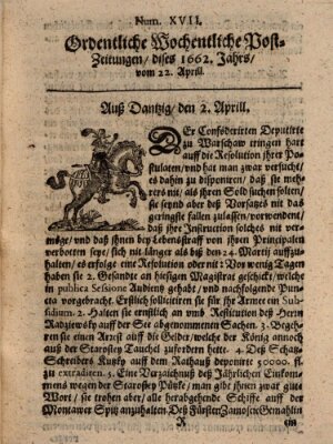 Ordentliche wochentliche Post-Zeitungen Samstag 22. April 1662