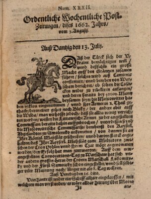 Ordentliche wochentliche Post-Zeitungen Samstag 5. August 1662