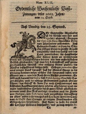 Ordentliche wochentliche Post-Zeitungen Samstag 14. Oktober 1662